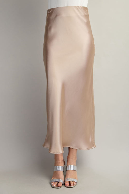 Elastic Waist Satin Midi Skirt - Taupe